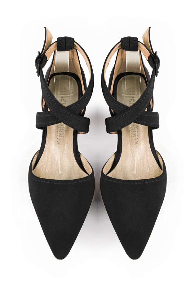 Women's matt black open side dress shoes, with crossed straps. Tapered toe. Low flare heels - Top view